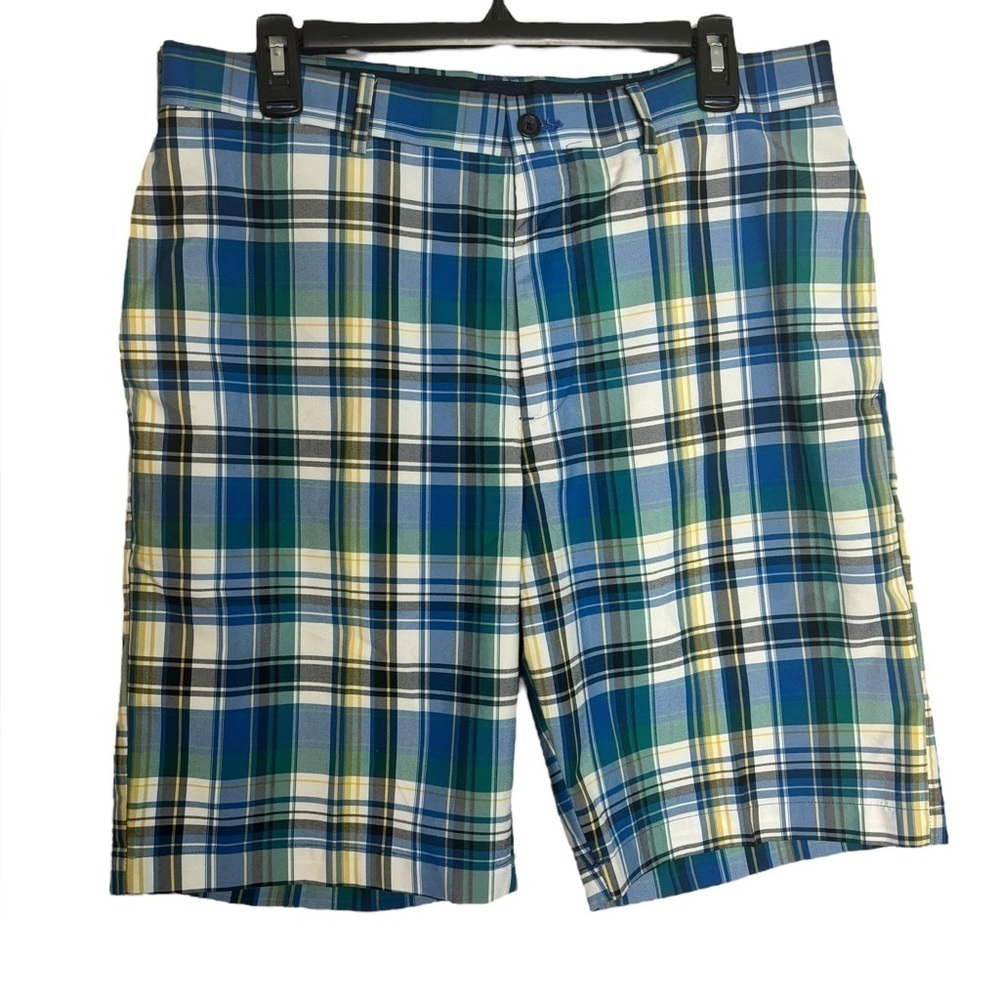 Jack Nicklaus Mens Chino Shorts 32 Blue Plaid Flat Front Pocket Stretch Casual